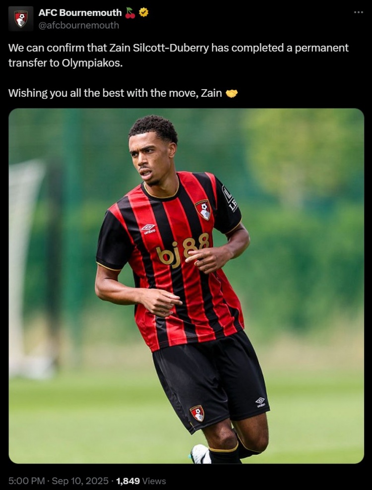 虎扑nba-官方：伯恩茅斯20岁边锋杜伯里永久转会至奥林匹亚科斯